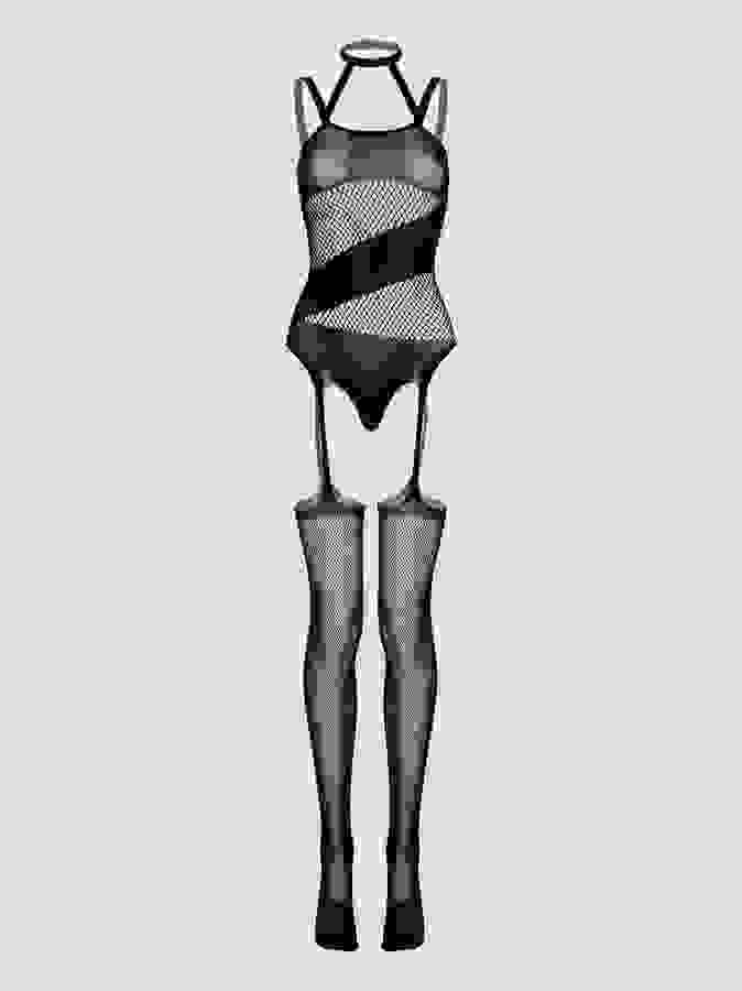 Lovehoney Plus Size Asymmetric Fishnet Garter Bodystocking, Black, hi-res